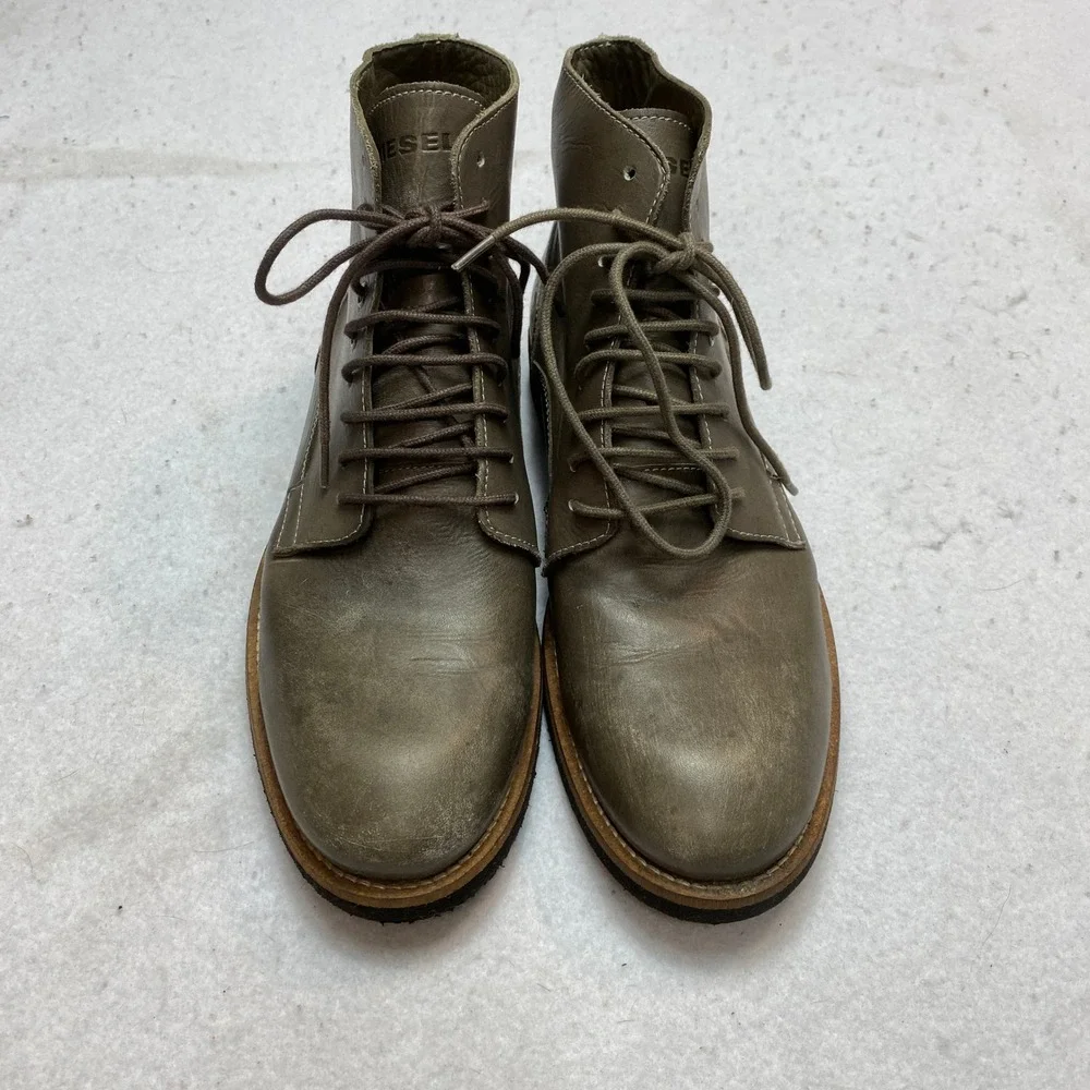 Diesel Leather Lace Up Boots Mens 43 Olive Green Distressed Combat Lug Sole